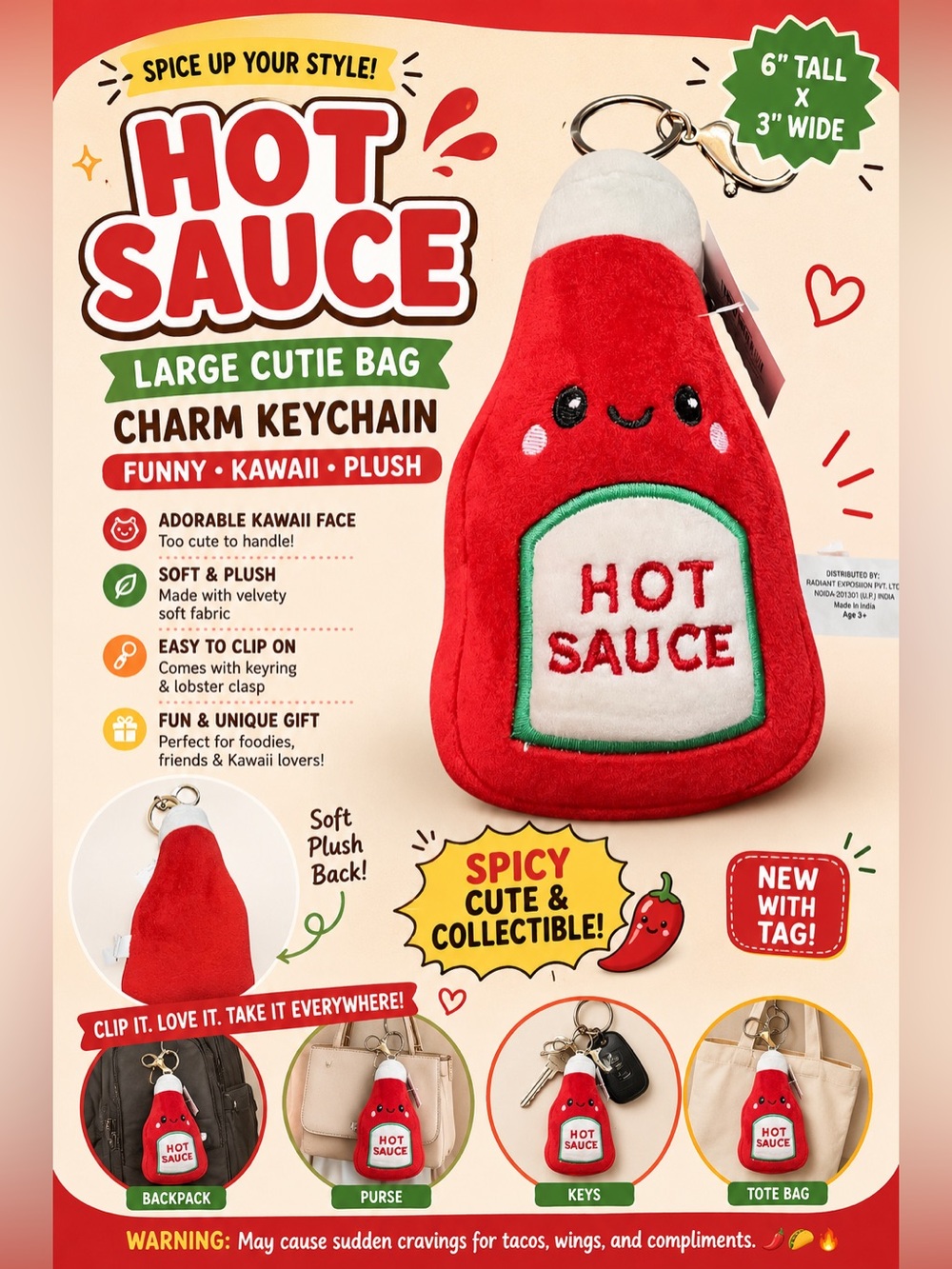 🔥 Hot Sauce Large Cutie Bag Charm Keychain | Funny Kawaii Plush (6”x3”)
